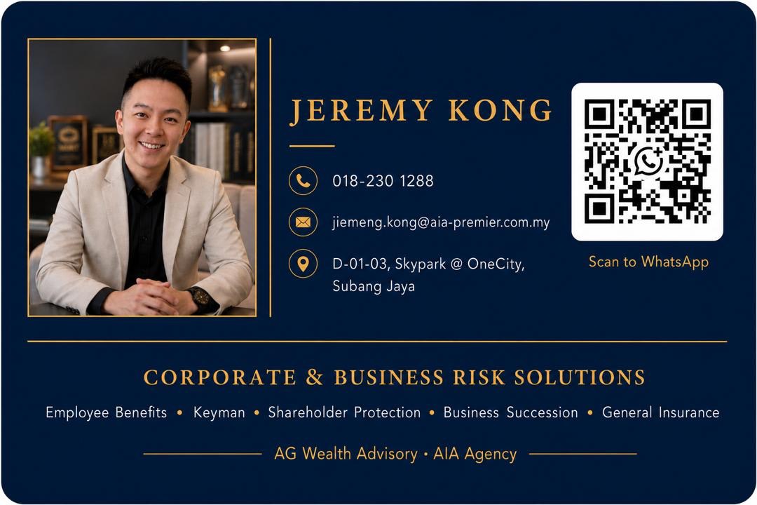 Jeremy Kong business card front with WhatsApp QR code